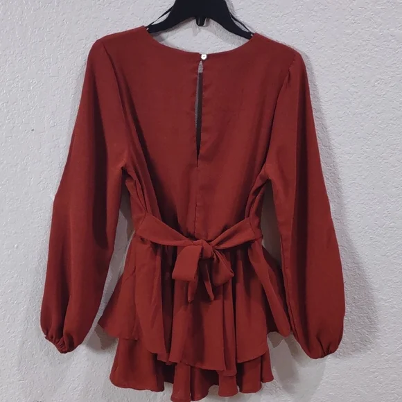 Altar'd State Rust Long Sleeve Peplum Jumpsuit. - Picture 7 of 17